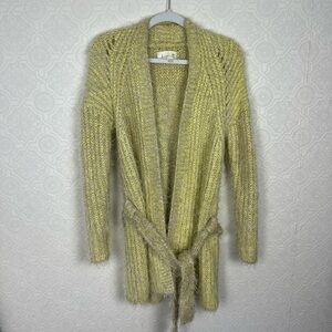 Anthropologie Eyelash Yellow Metallic Cardigan Tie Belt Soft Cozy Comfy Sweater